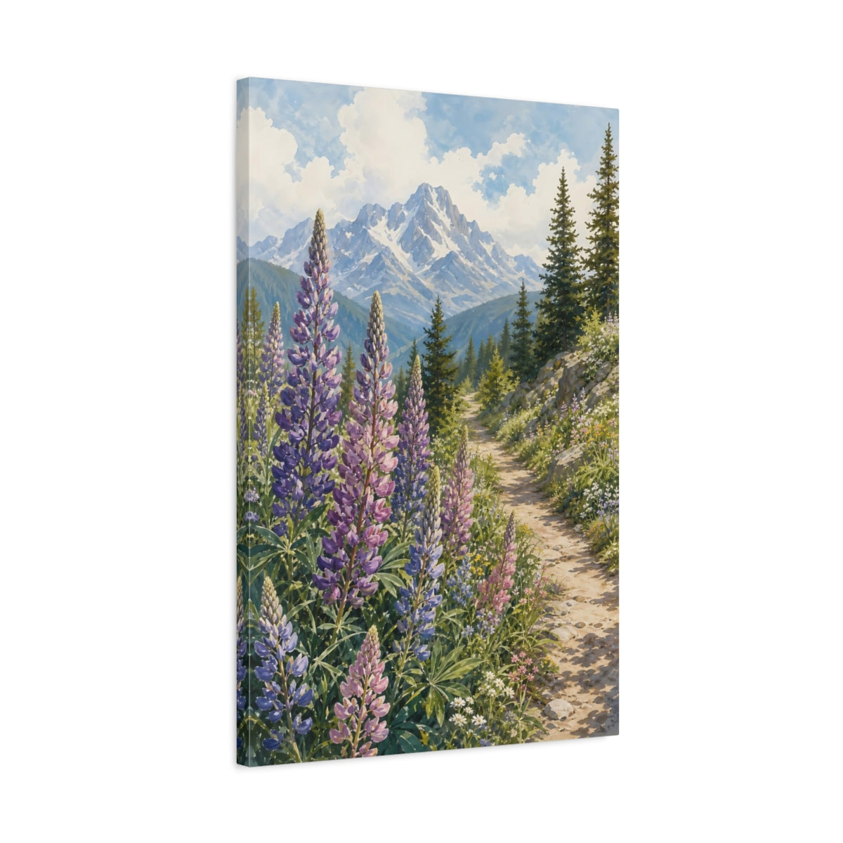 Side Mockup 2. Nature Lupine Flowers Purple Green Landscape shown as stretched canvas wall art