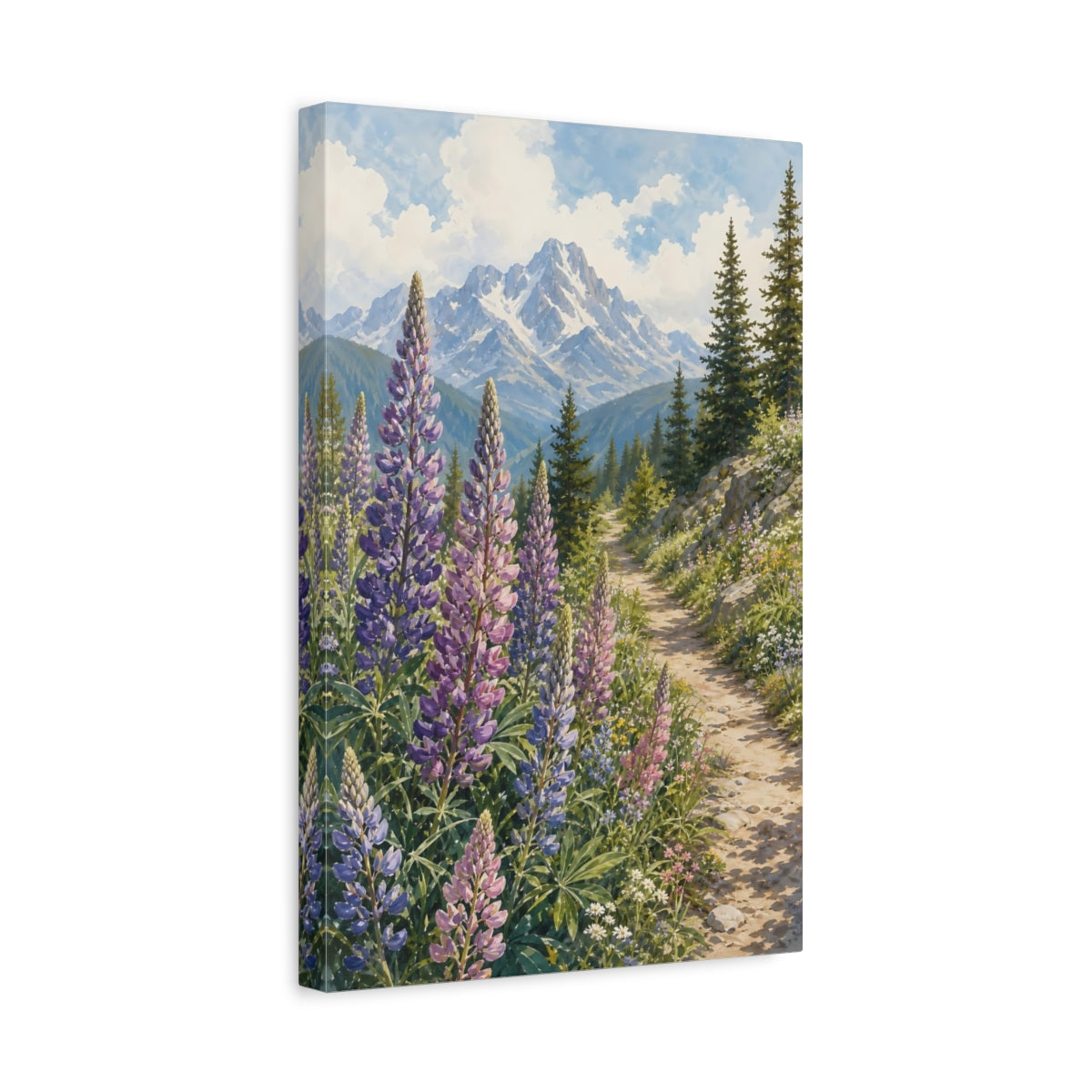 Side Mockup 4. Nature Lupine Flowers Purple Green Landscape shown as stretched canvas wall art