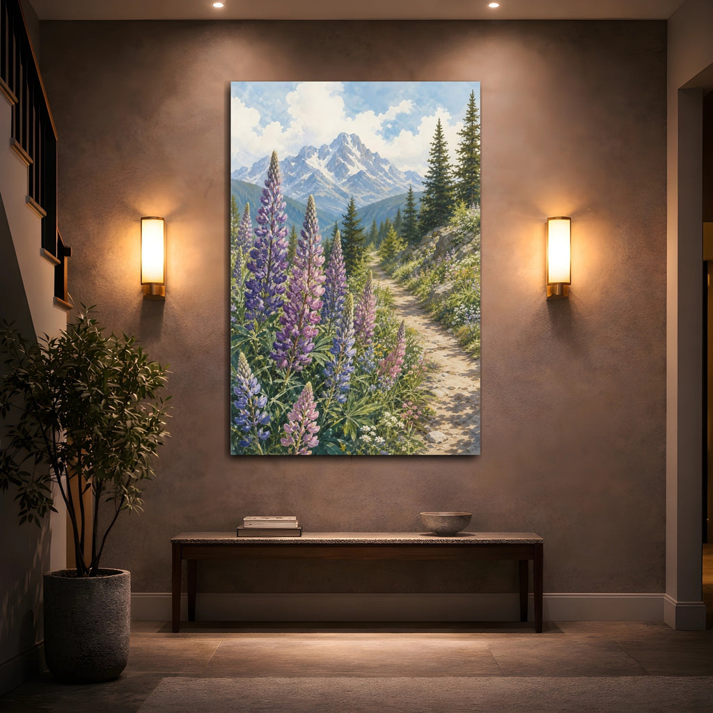 Mockup 2. Nature Lupine Flowers Purple Green Landscape shown as stretched canvas wall art