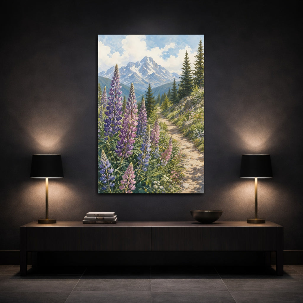 Mockup 3. Nature Lupine Flowers Purple Green Landscape shown as stretched canvas wall art