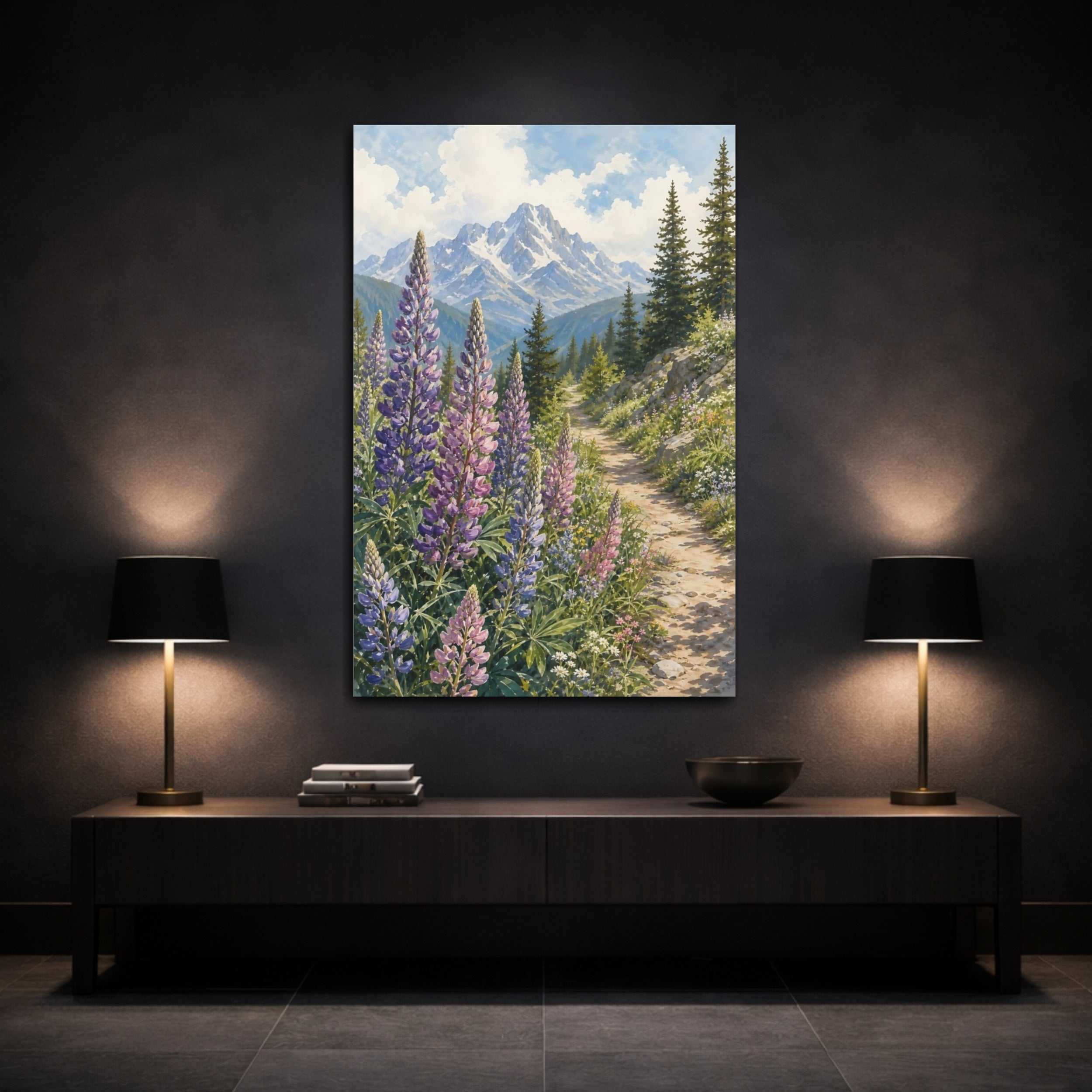 Mockup 3. Nature Lupine Flowers Purple Green Landscape shown as stretched canvas wall art