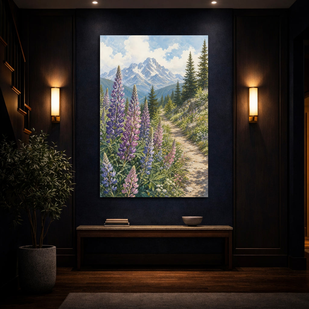 Mockup 4. Nature Lupine Flowers Purple Green Landscape shown as stretched canvas wall art