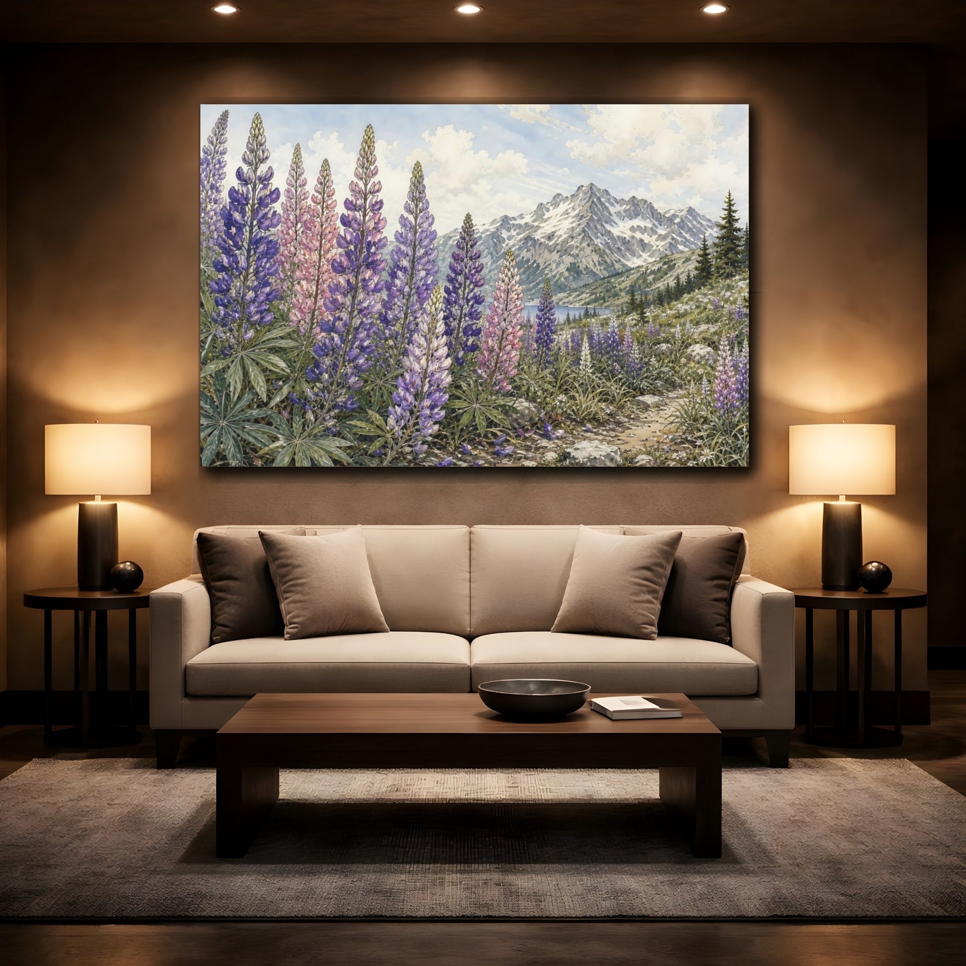 Mockup 2. Nature Lupine Flowers Purple Lupine Flowers shown as stretched canvas wall art