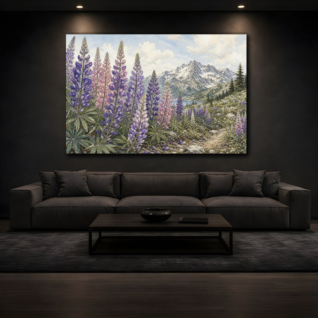 Mockup 3. Nature Lupine Flowers Purple Lupine Flowers shown as stretched canvas wall art