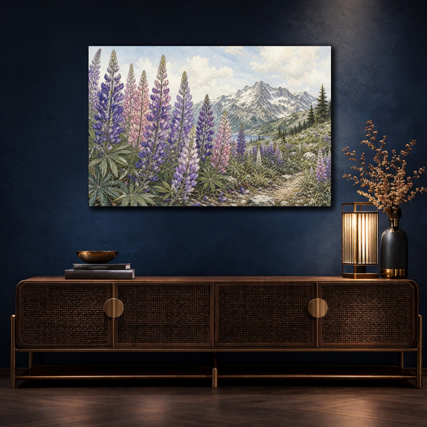 Mockup 4. Nature Lupine Flowers Purple Lupine Flowers shown as stretched canvas wall art