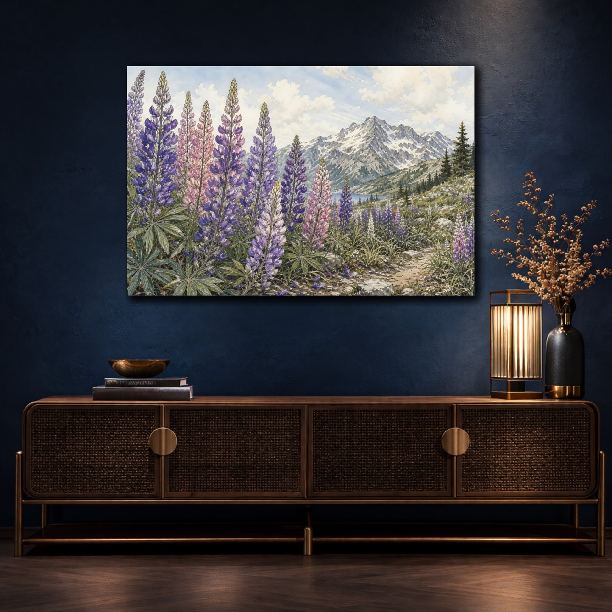 Mockup 4. Nature Lupine Flowers Purple Lupine Flowers shown as stretched canvas wall art