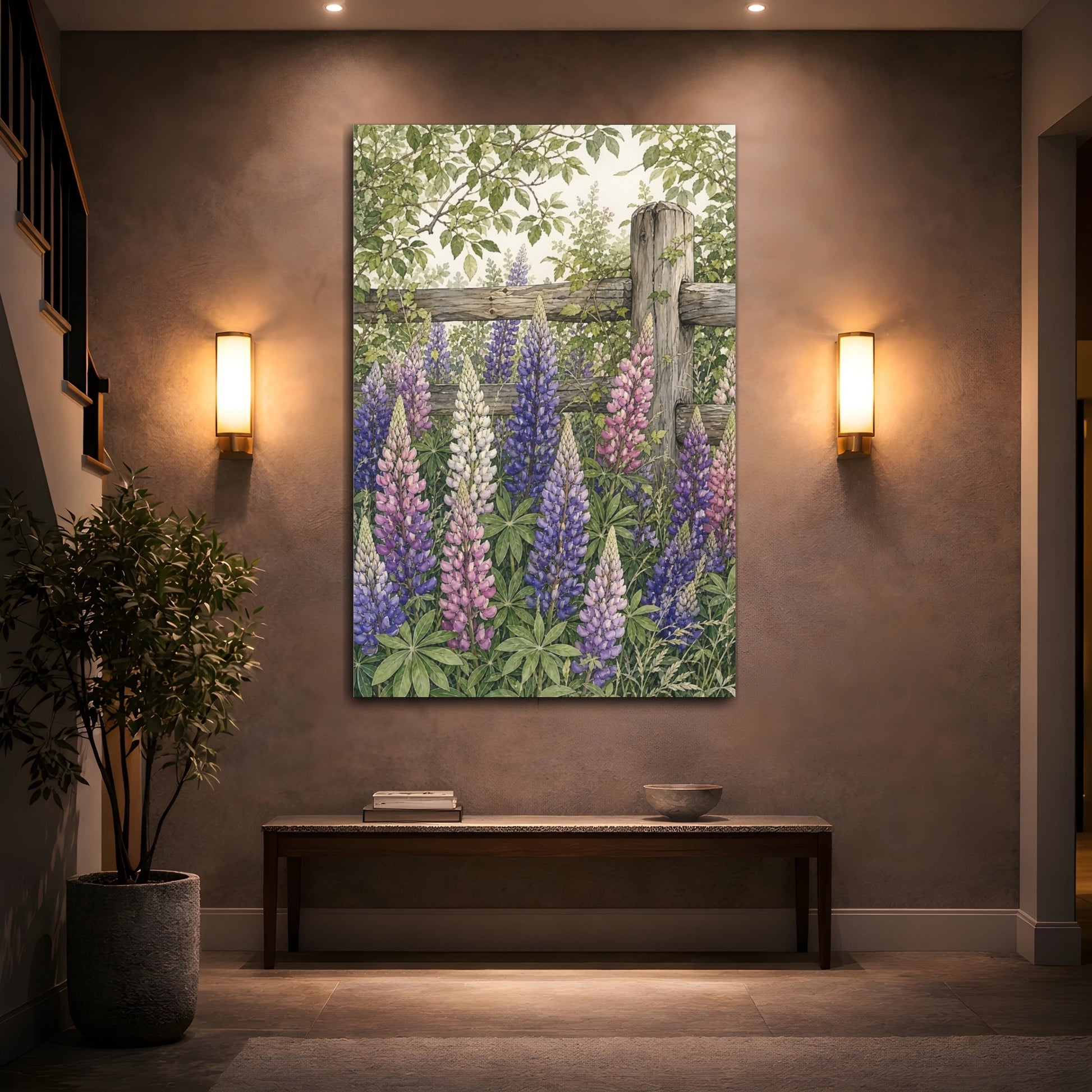 Mockup 2. Nature Lupine Flowers Purple Lupine Garden shown as stretched canvas wall art