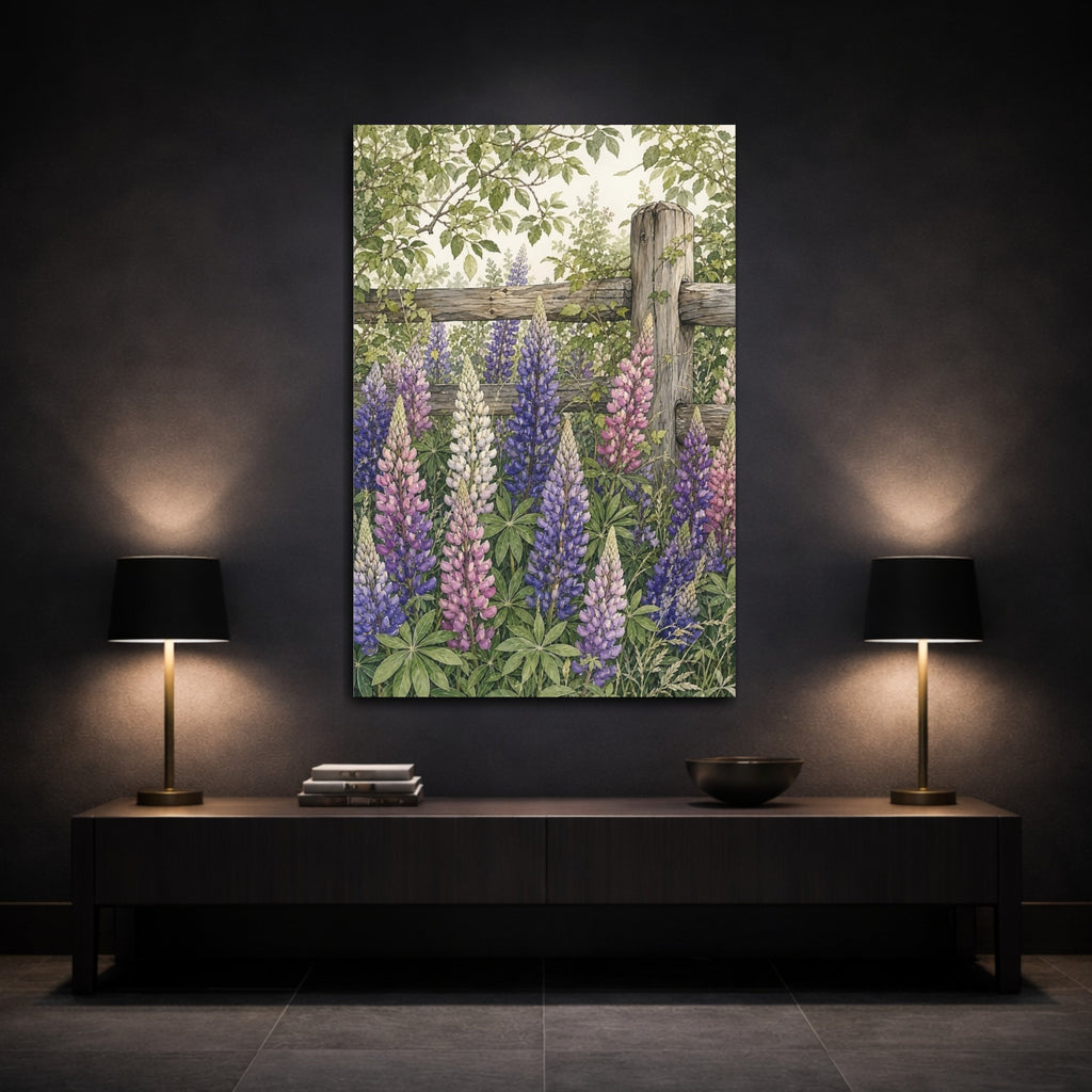 Mockup 3. Nature Lupine Flowers Purple Lupine Garden shown as stretched canvas wall art