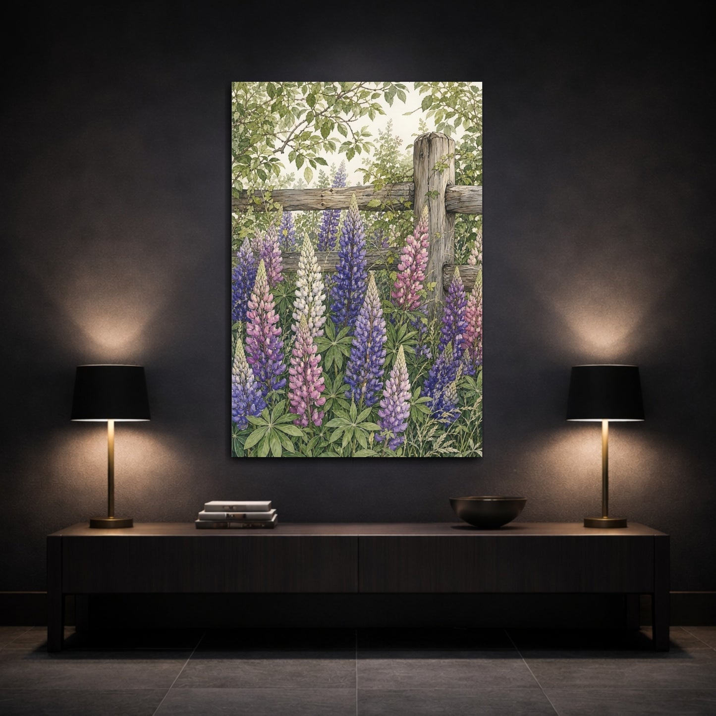 Mockup 3. Nature Lupine Flowers Purple Lupine Garden shown as stretched canvas wall art