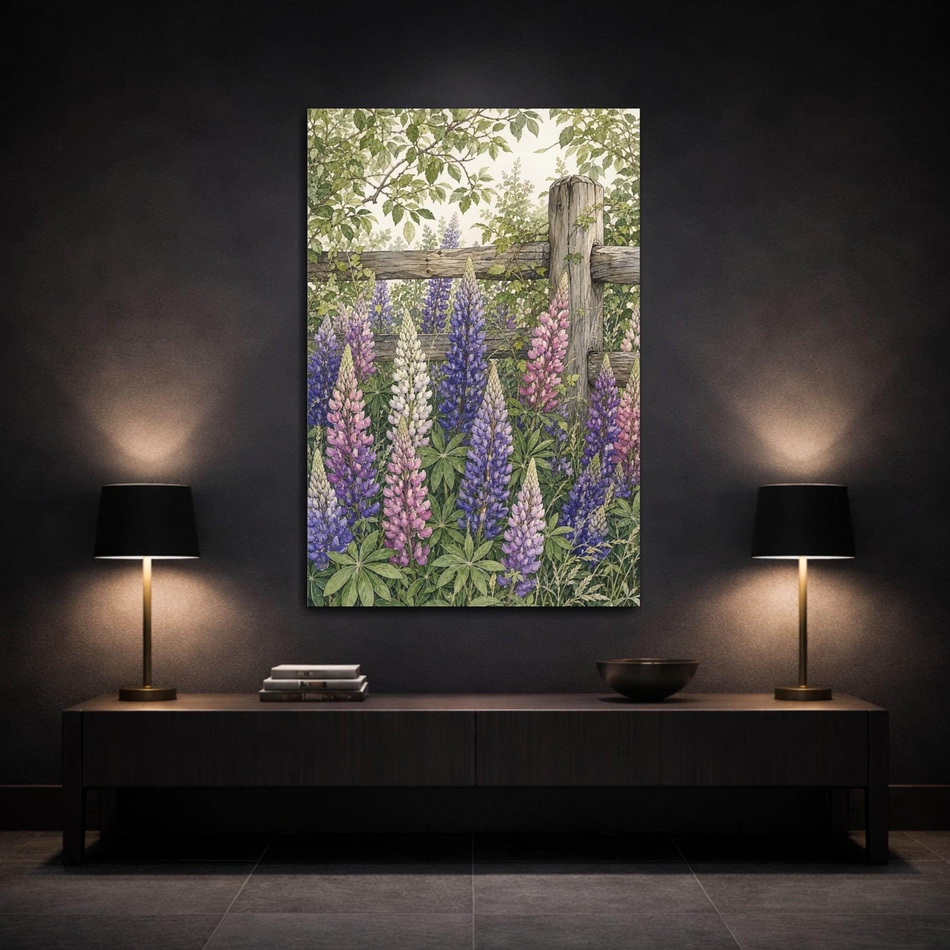 Mockup 3. Nature Lupine Flowers Purple Lupine Garden shown as stretched canvas wall art