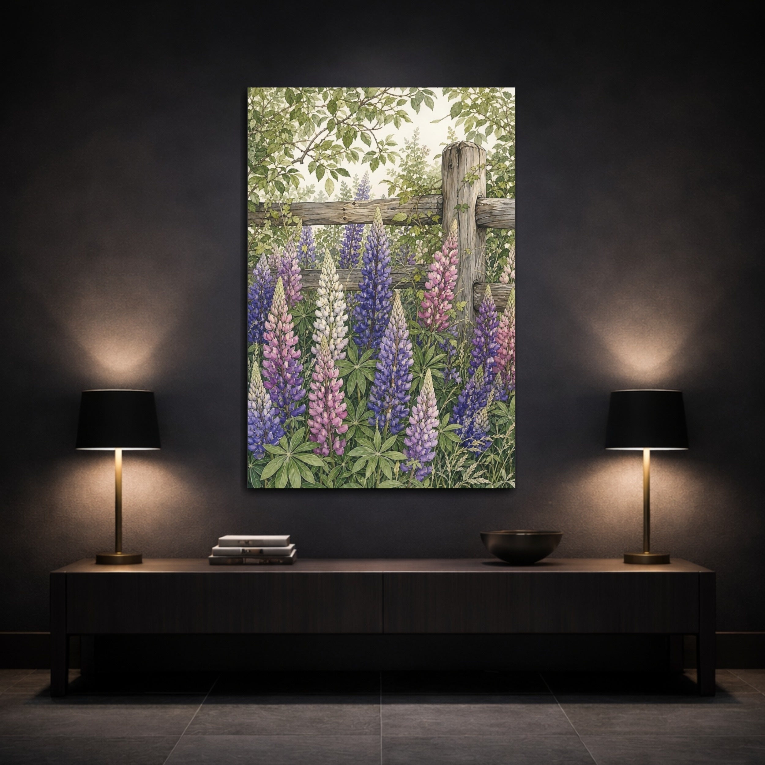 Mockup 3. Nature Lupine Flowers Purple Lupine Garden shown as stretched canvas wall art