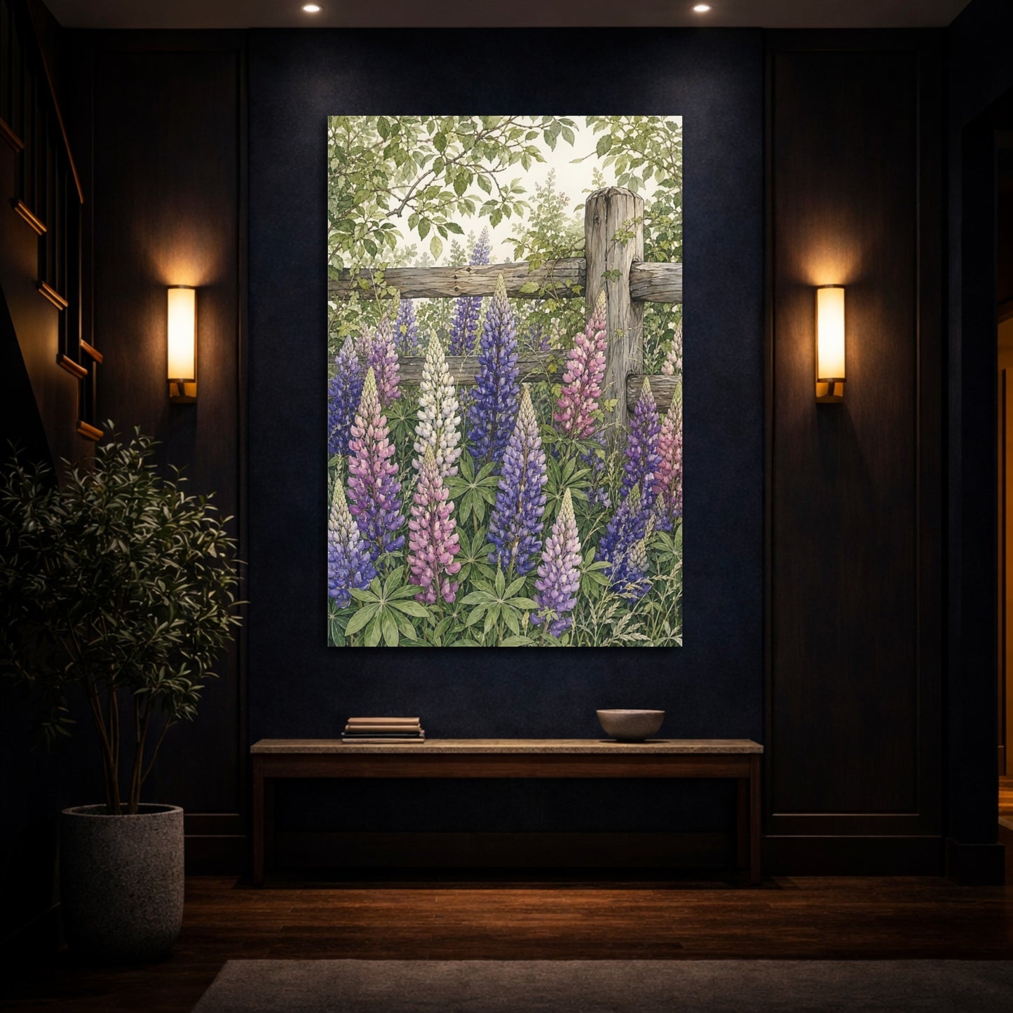 Mockup 4. Nature Lupine Flowers Purple Lupine Garden shown as stretched canvas wall art