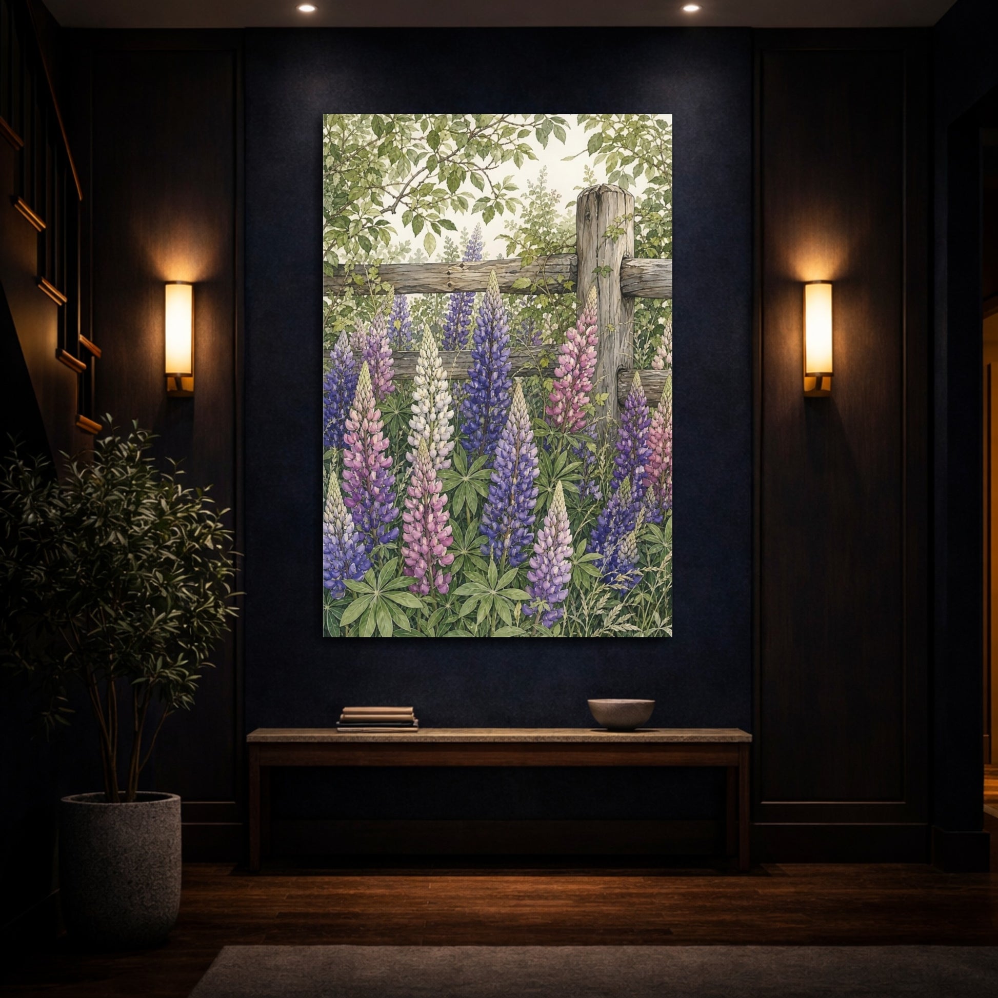 Mockup 4. Nature Lupine Flowers Purple Lupine Garden shown as stretched canvas wall art