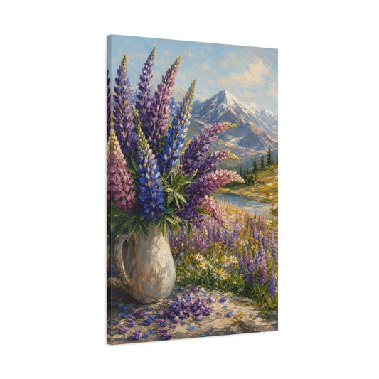 Main Mockup. Nature Lupine Flowers Purple Mountain Landscape shown as stretched canvas wall art