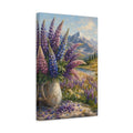 Side Mockup 4. Nature Lupine Flowers Purple Mountain Landscape shown as stretched canvas wall art