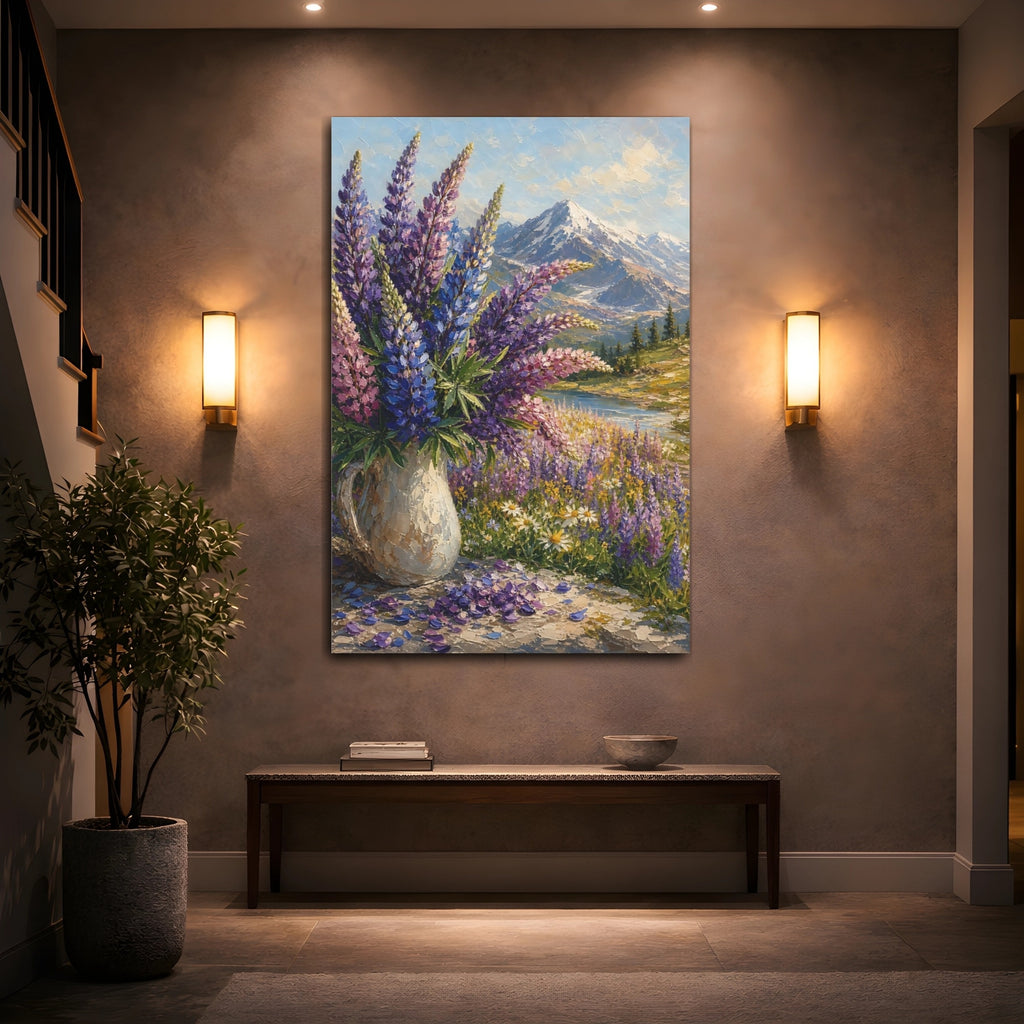 Mockup 2. Nature Lupine Flowers Purple Mountain Landscape shown as stretched canvas wall art