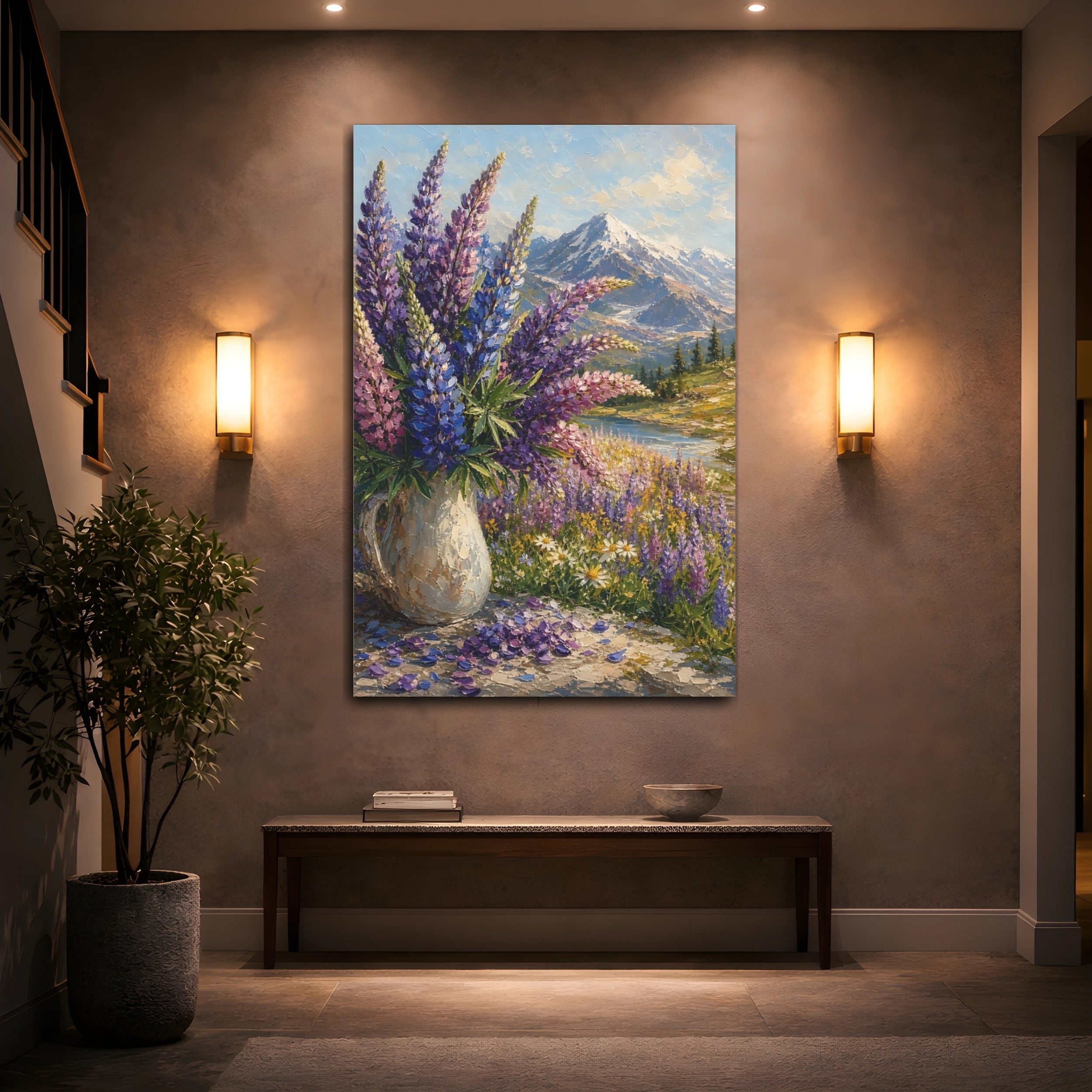 Mockup 2. Nature Lupine Flowers Purple Mountain Landscape shown as stretched canvas wall art