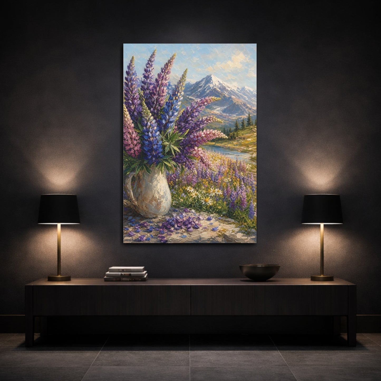 Mockup 3. Nature Lupine Flowers Purple Mountain Landscape shown as stretched canvas wall art