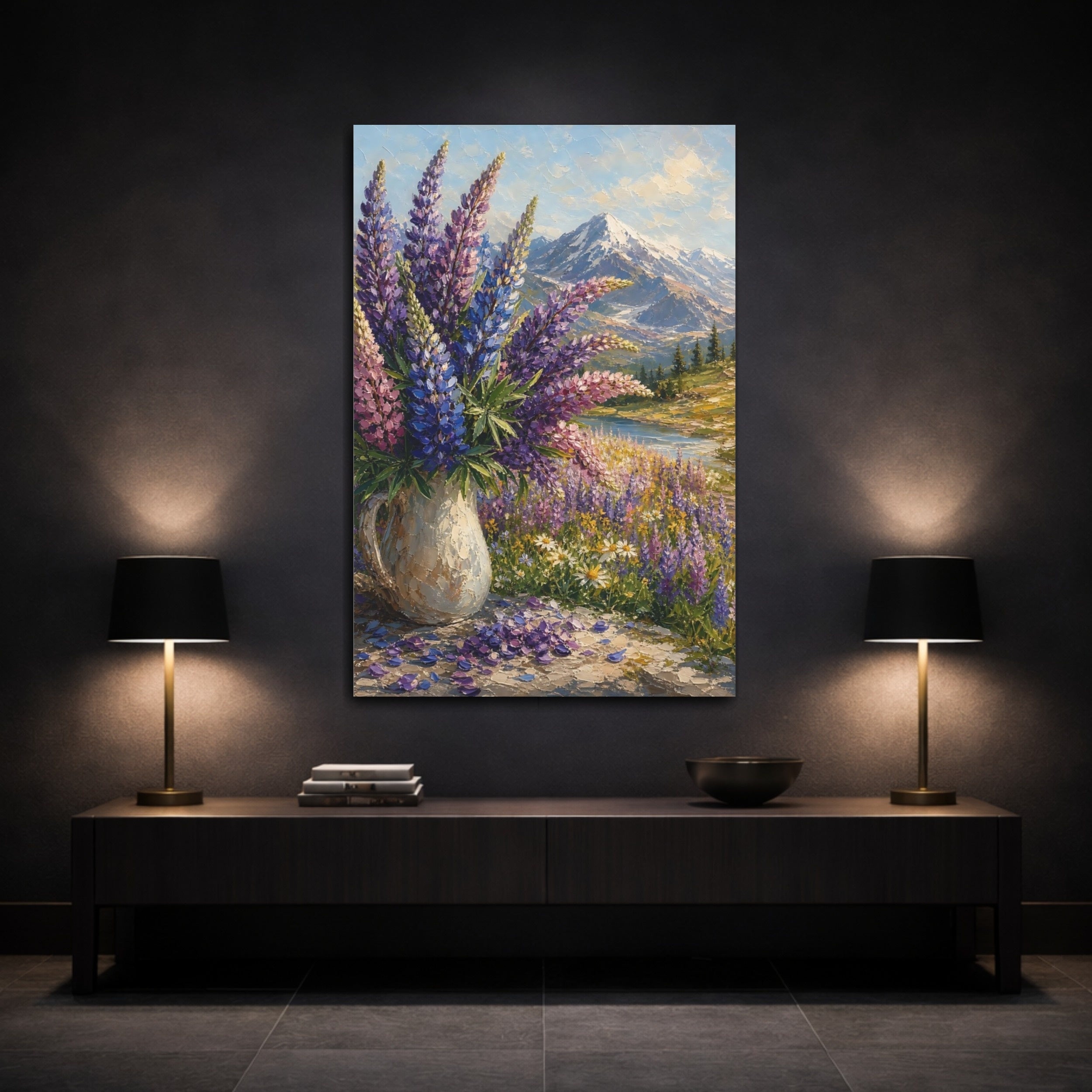 Mockup 3. Nature Lupine Flowers Purple Mountain Landscape shown as stretched canvas wall art