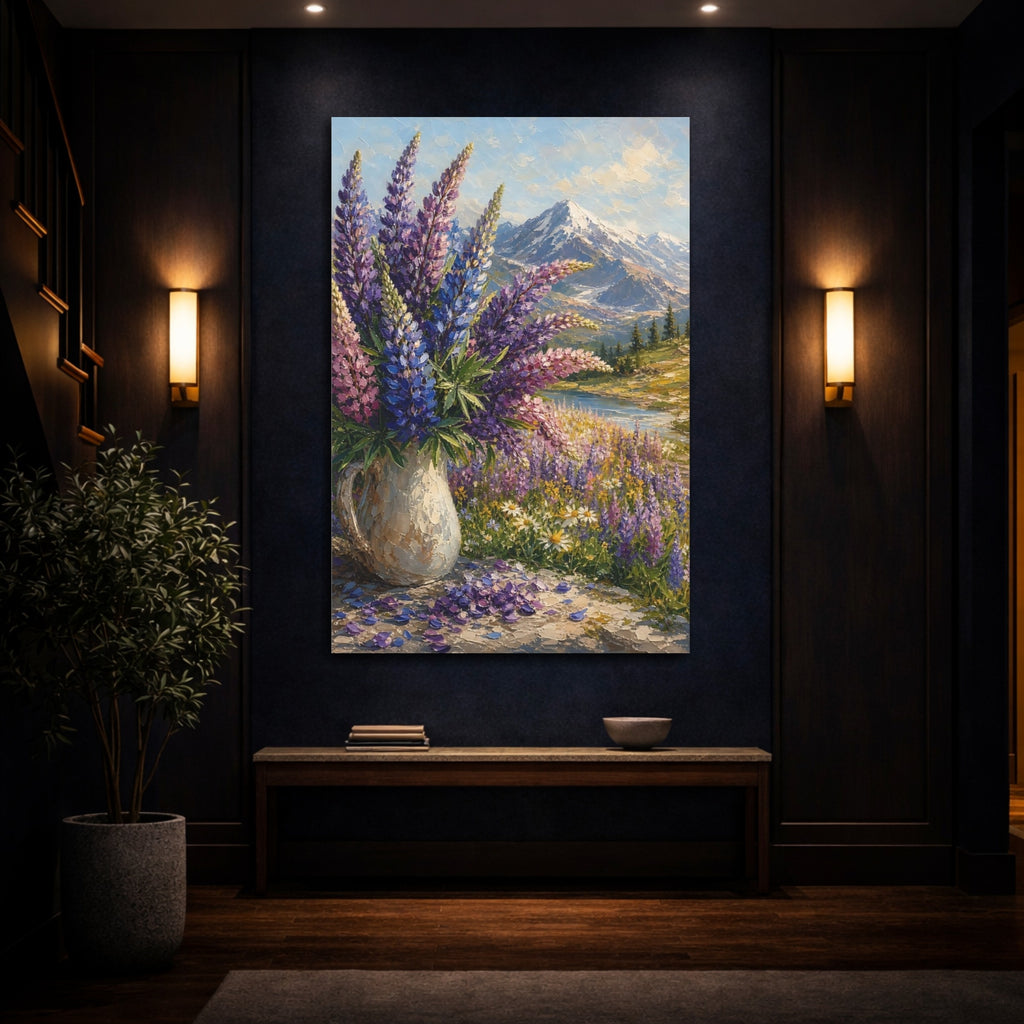 Mockup 4. Nature Lupine Flowers Purple Mountain Landscape shown as stretched canvas wall art