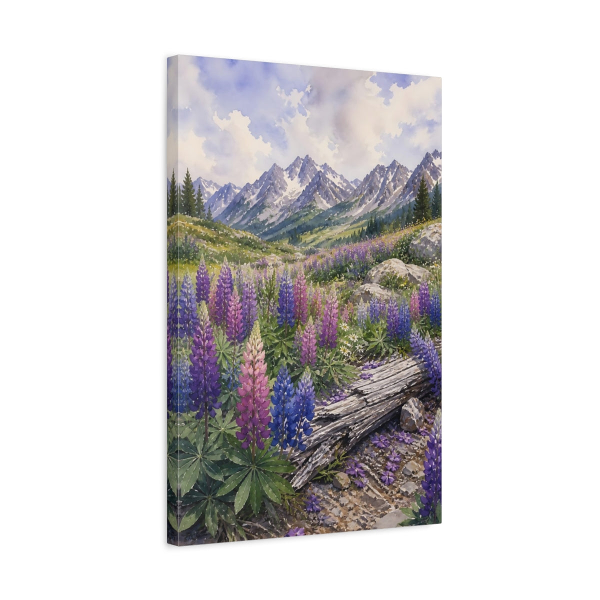 Side Mockup 3. Nature Lupine Flowers Purple Mountain Lupines shown as stretched canvas wall art