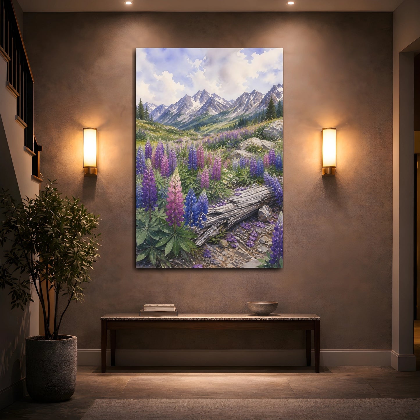 Mockup 2. Nature Lupine Flowers Purple Mountain Lupines shown as stretched canvas wall art