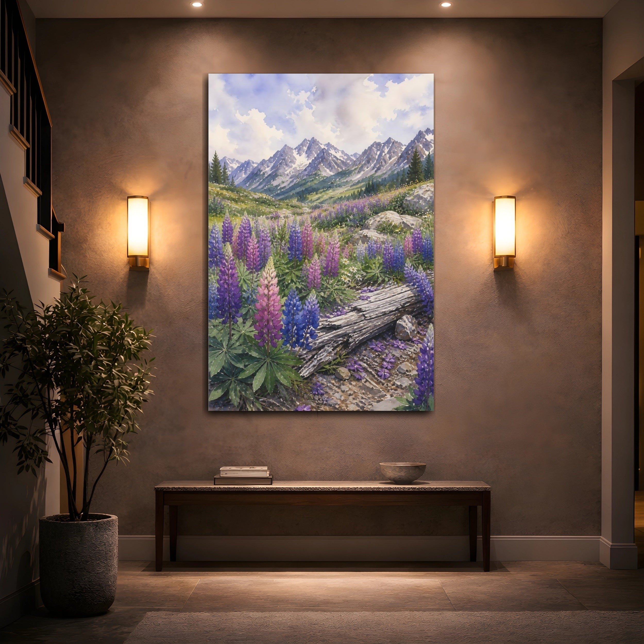 Mockup 2. Nature Lupine Flowers Purple Mountain Lupines shown as stretched canvas wall art