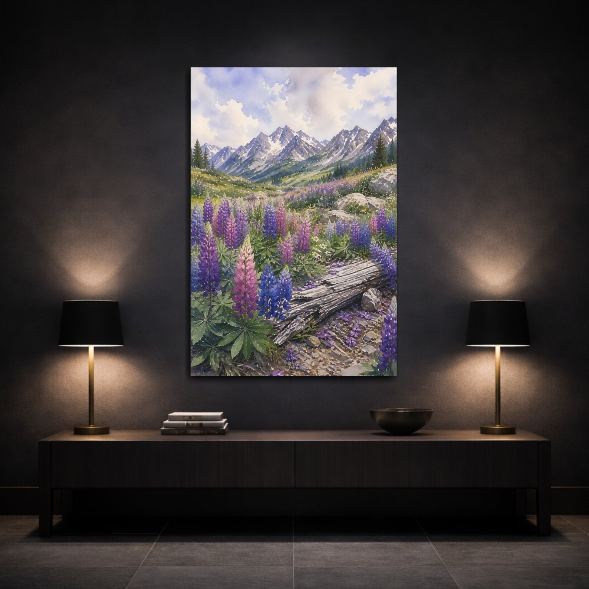 Mockup 3. Nature Lupine Flowers Purple Mountain Lupines shown as stretched canvas wall art