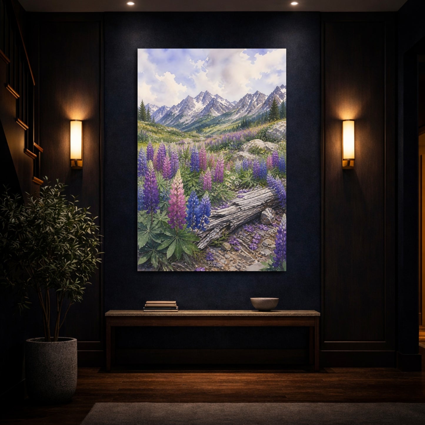 Mockup 4. Nature Lupine Flowers Purple Mountain Lupines shown as stretched canvas wall art