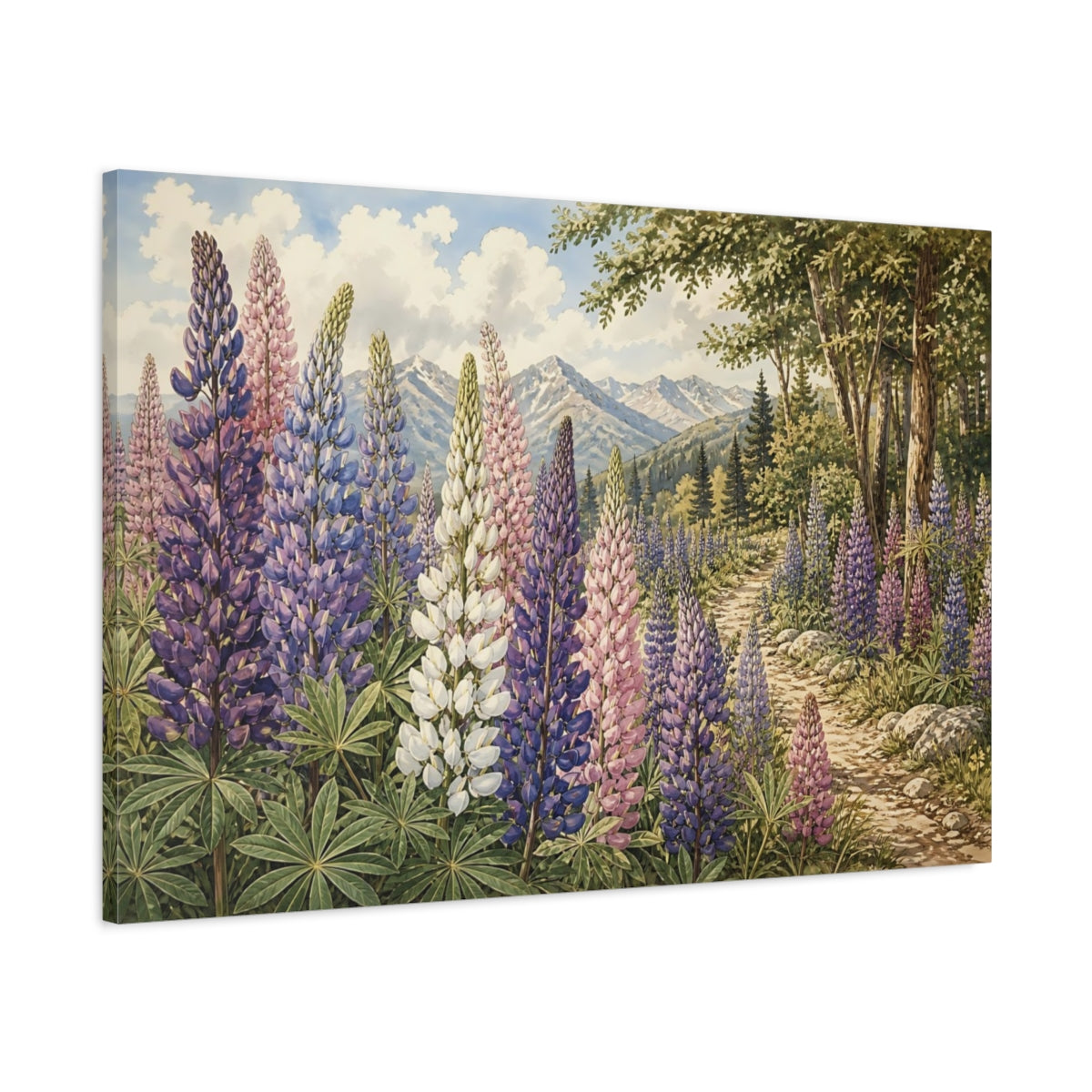 Main Mockup. Nature Lupine Flowers Purple Pink Lupines shown as stretched canvas wall art
