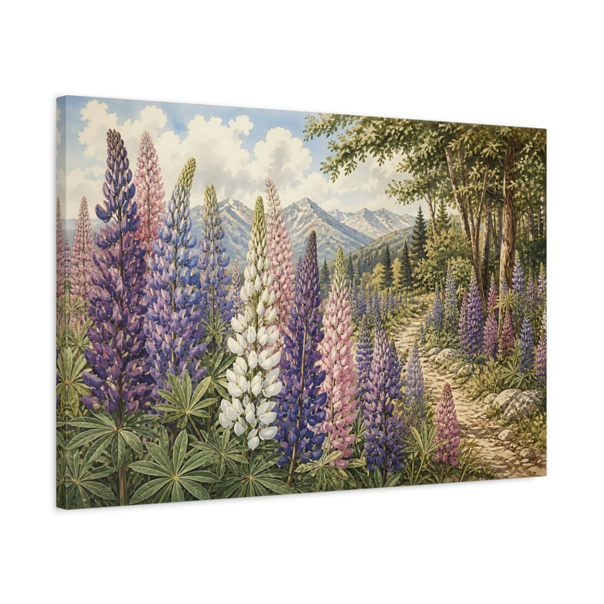 Side Mockup 2. Nature Lupine Flowers Purple Pink Lupines shown as stretched canvas wall art