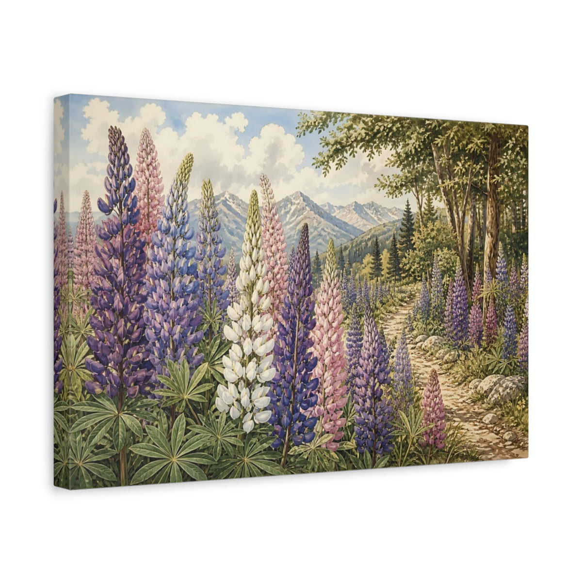 Side Mockup 4. Nature Lupine Flowers Purple Pink Lupines shown as stretched canvas wall art