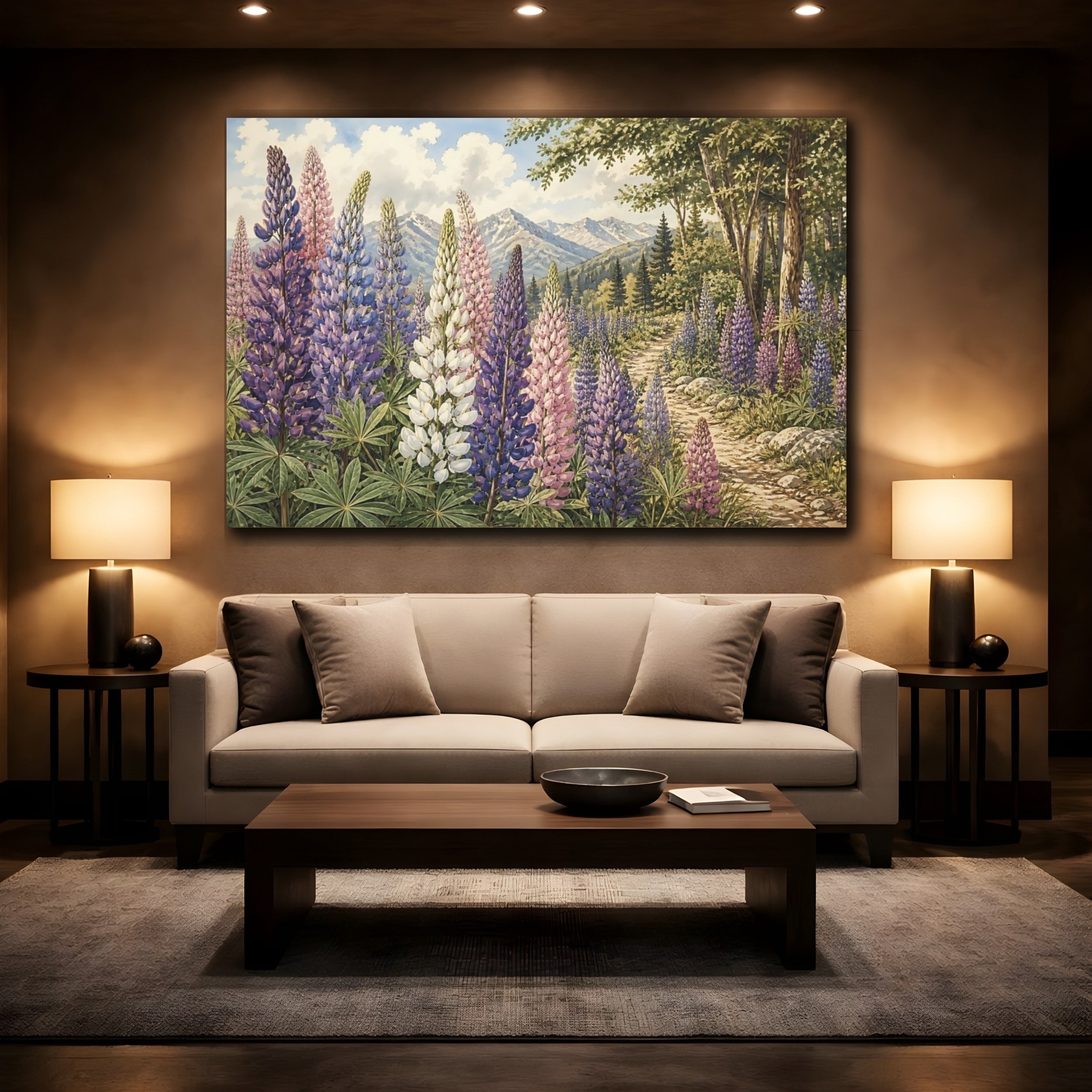 Mockup 2. Nature Lupine Flowers Purple Pink Lupines shown as stretched canvas wall art