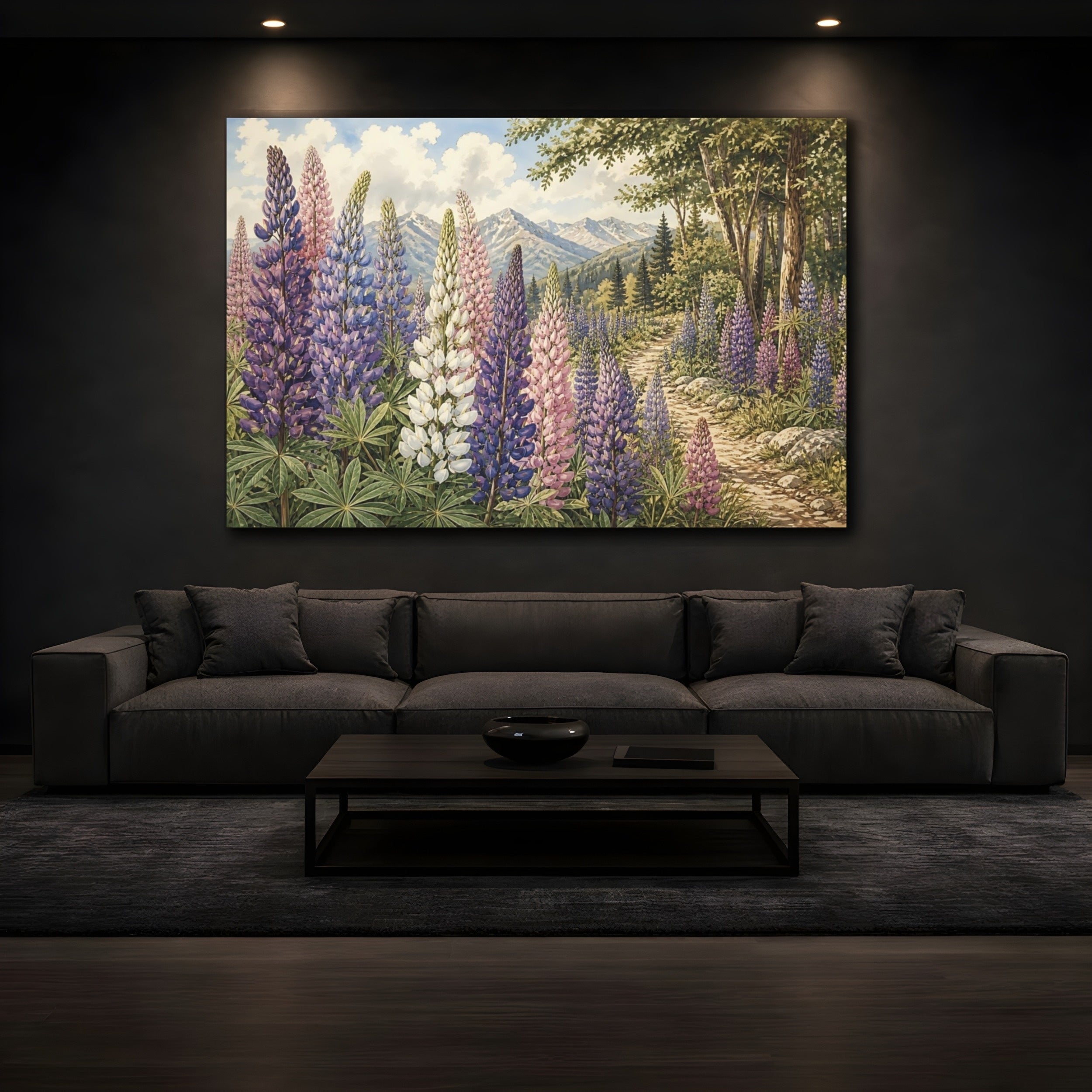 Mockup 3. Nature Lupine Flowers Purple Pink Lupines shown as stretched canvas wall art