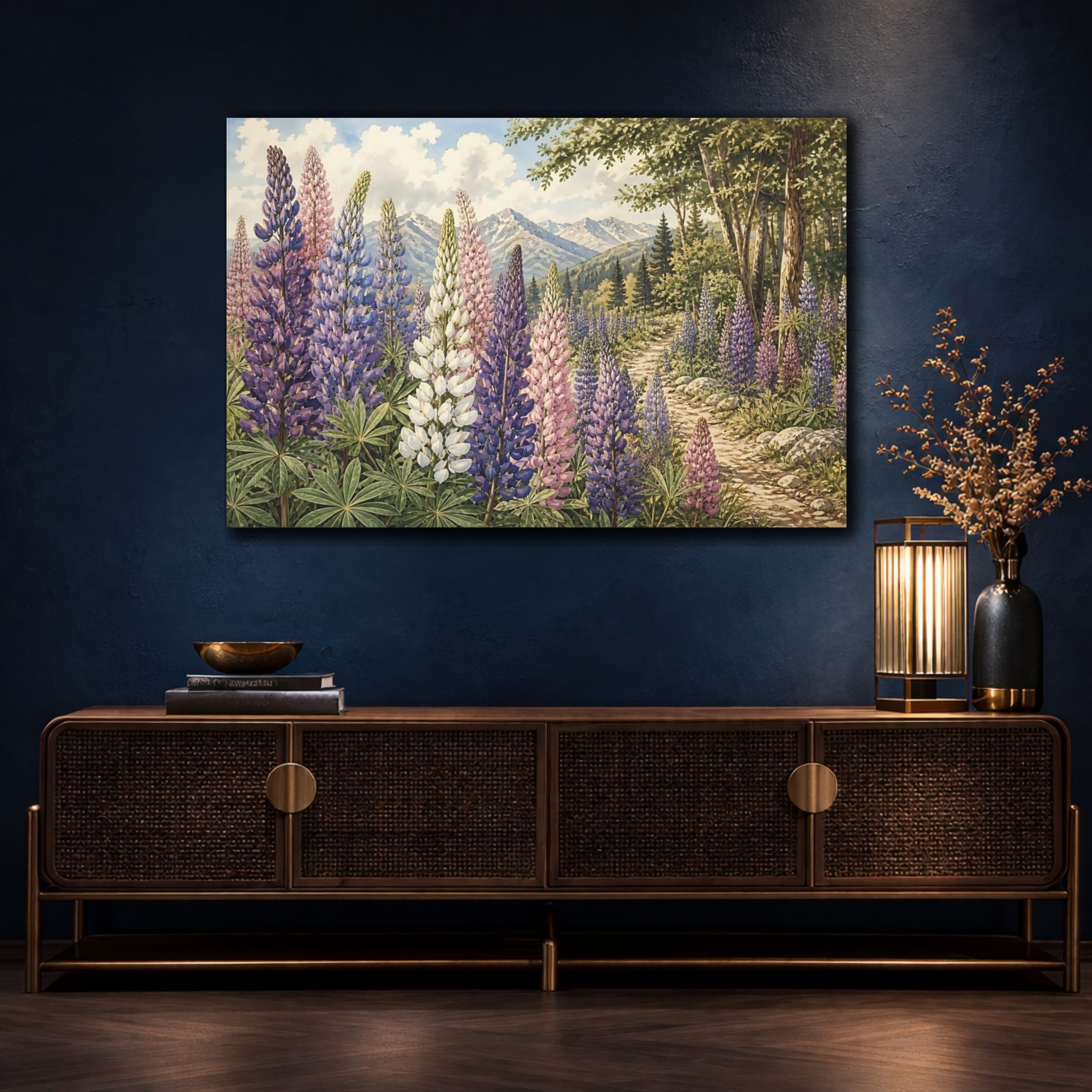 Mockup 4. Nature Lupine Flowers Purple Pink Lupines shown as stretched canvas wall art