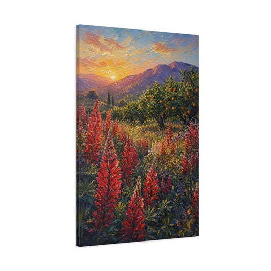 Main Mockup. Nature Lupine Flowers Red Orange Landscape shown as stretched canvas wall art
