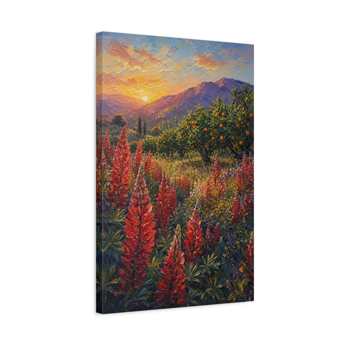 Side Mockup 3. Nature Lupine Flowers Red Orange Landscape shown as stretched canvas wall art