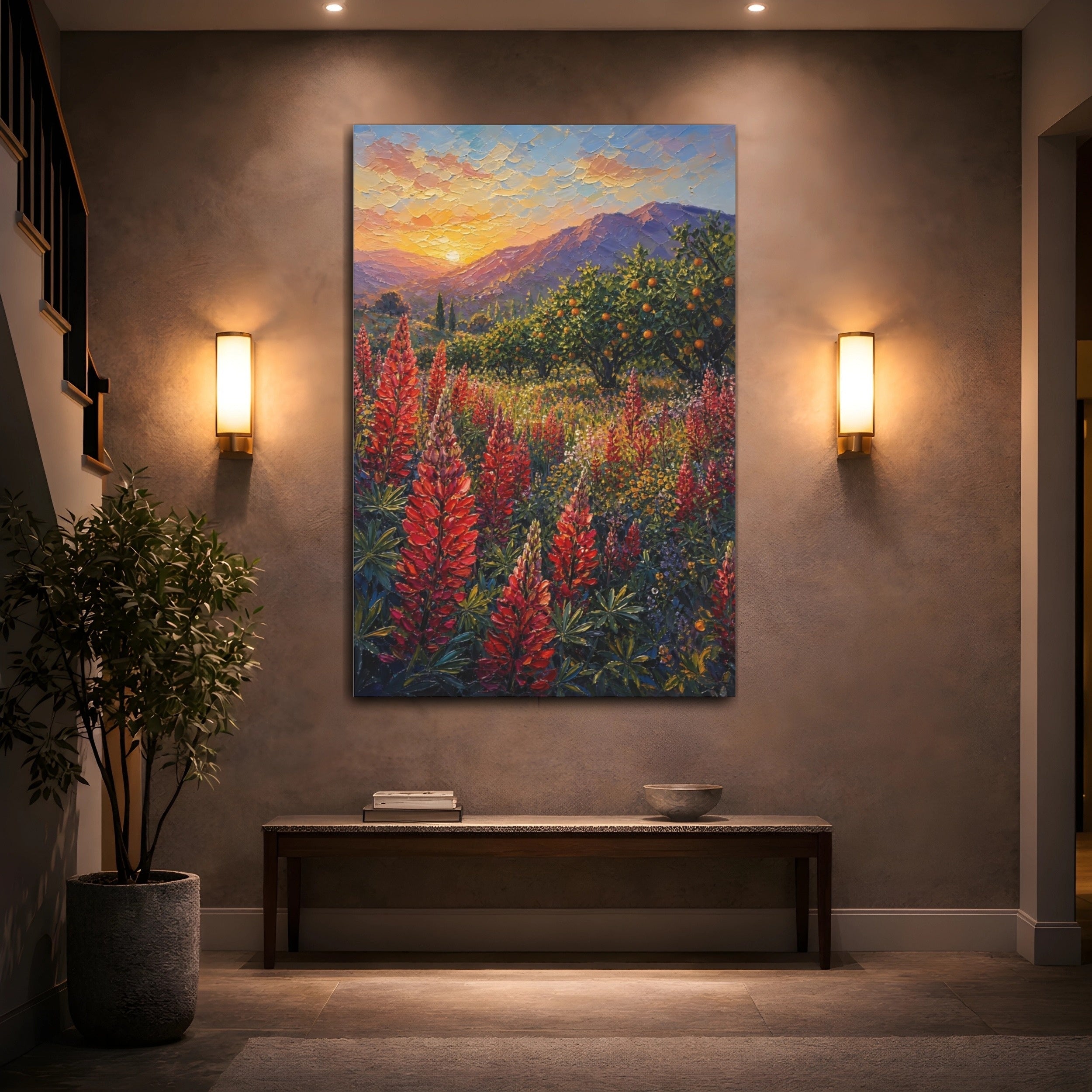 Mockup 2. Nature Lupine Flowers Red Orange Landscape shown as stretched canvas wall art