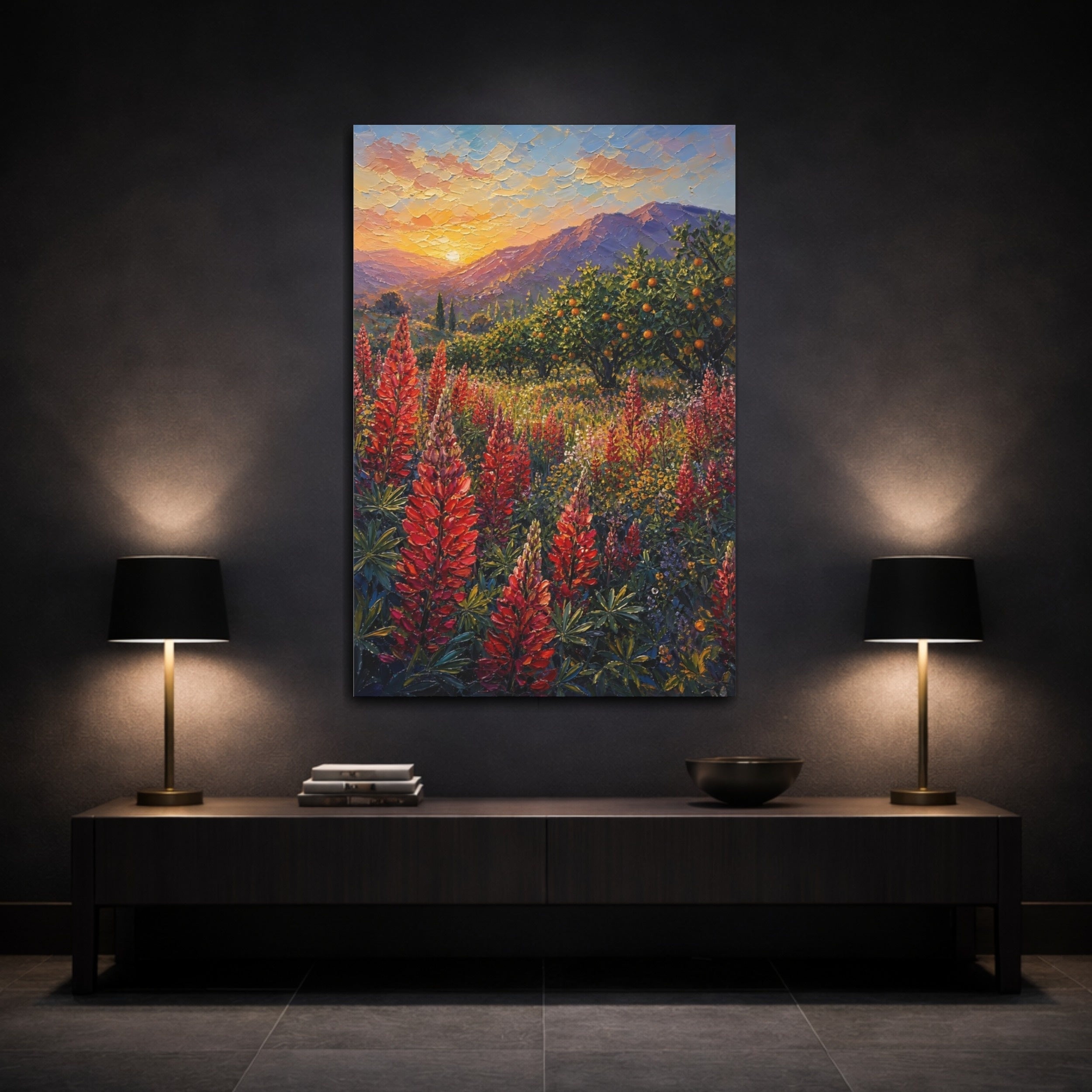Mockup 3. Nature Lupine Flowers Red Orange Landscape shown as stretched canvas wall art