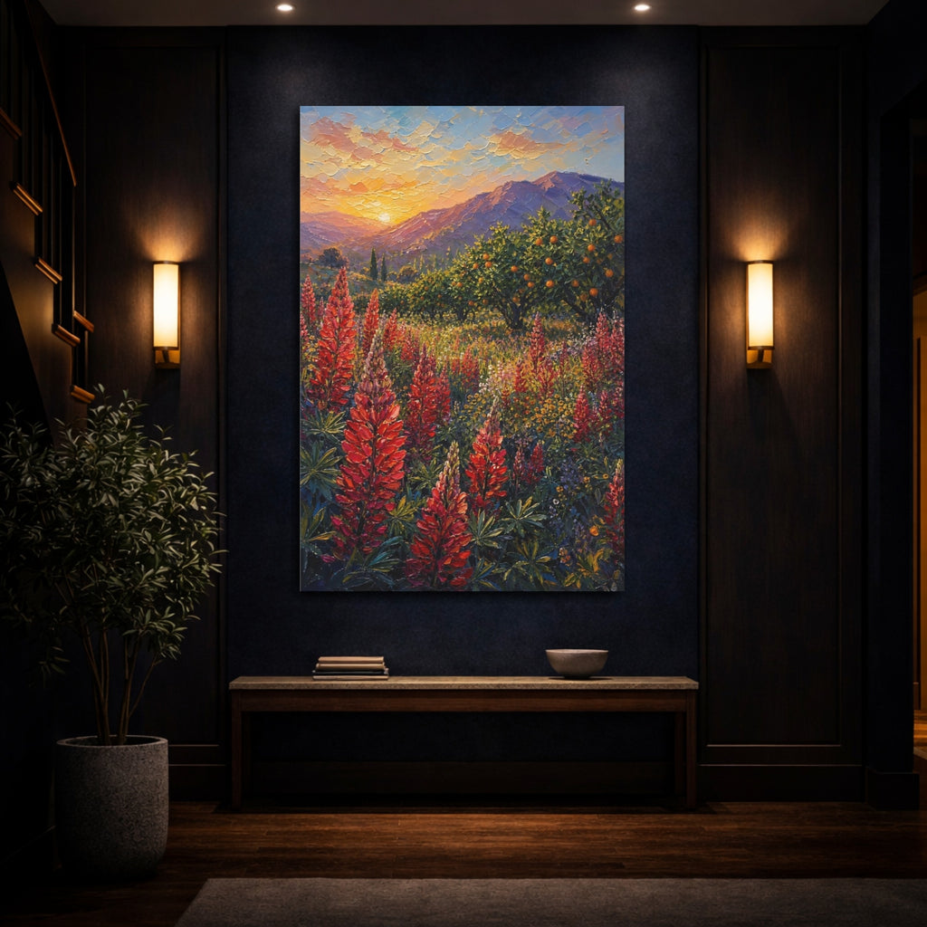 Mockup 4. Nature Lupine Flowers Red Orange Landscape shown as stretched canvas wall art