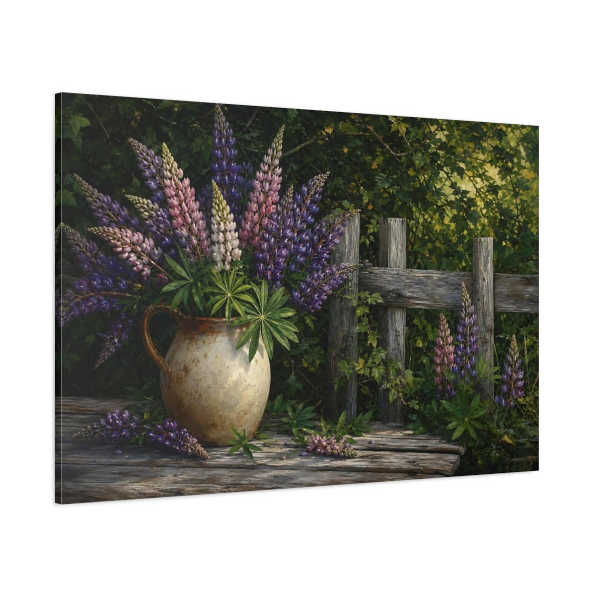 Side Mockup 1. Nature Lupine Flowers Rustic Lupine Flowers shown as stretched canvas wall art