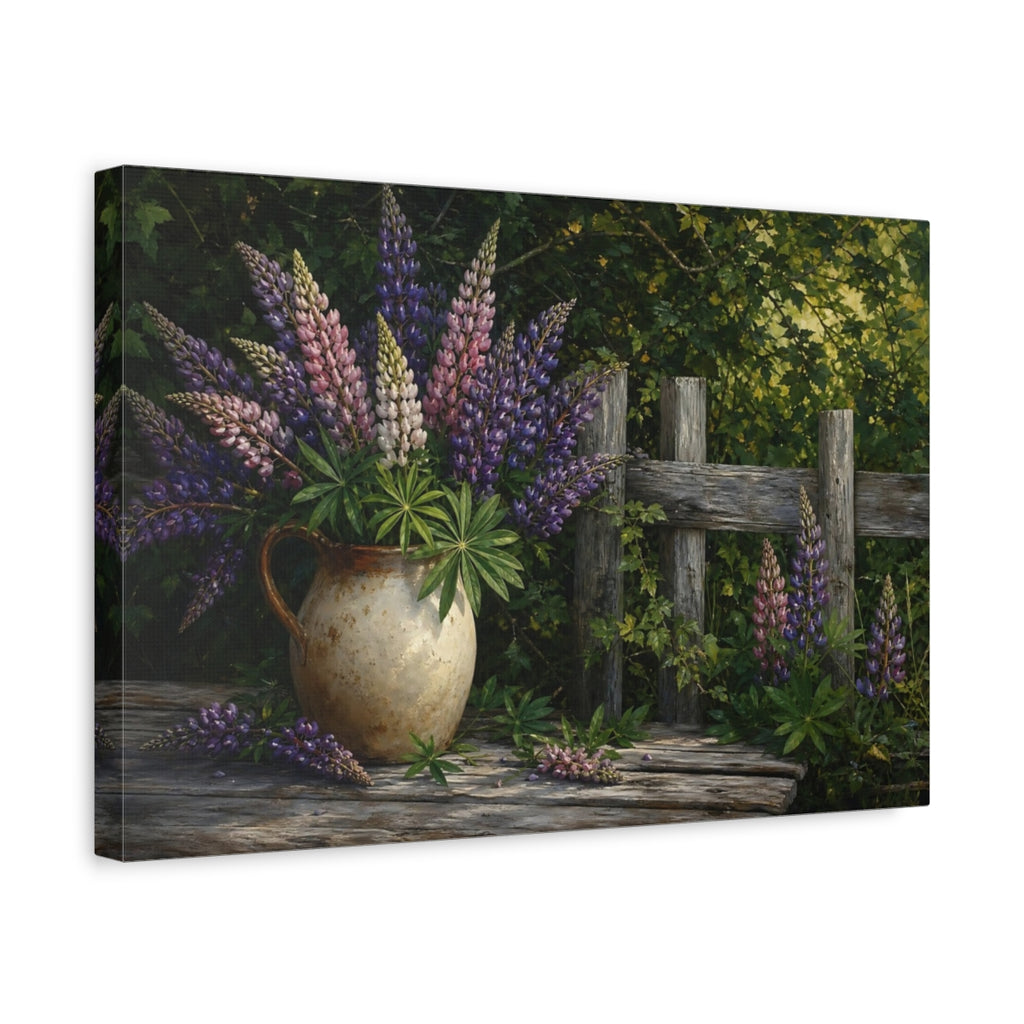 Side Mockup 4. Nature Lupine Flowers Rustic Lupine Flowers shown as stretched canvas wall art