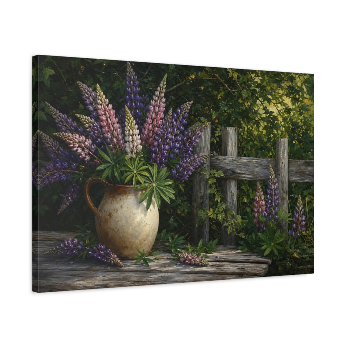 Side Mockup 2. Nature Lupine Flowers Rustic Lupine Flowers shown as stretched canvas wall art
