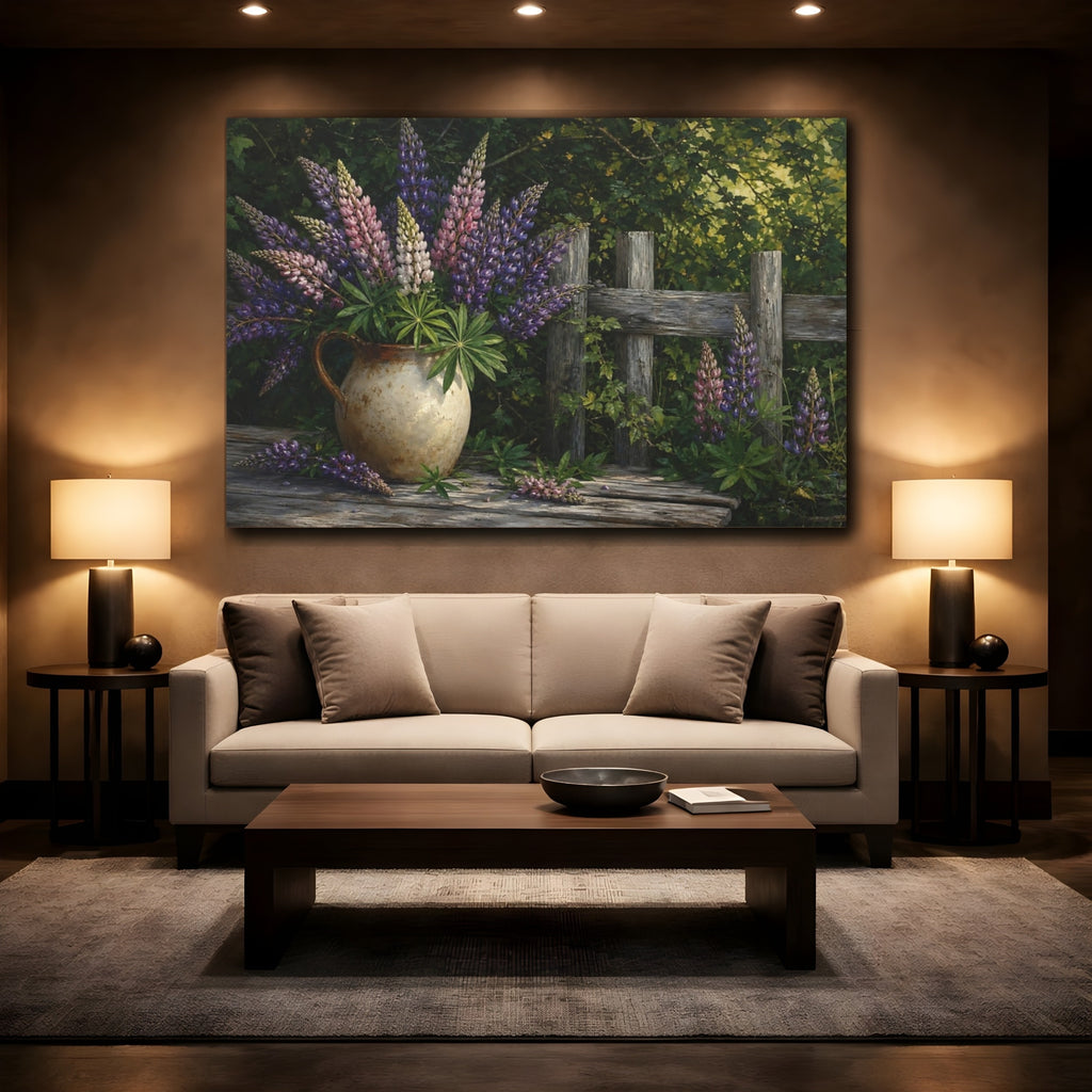 Mockup 2. Nature Lupine Flowers Rustic Lupine Flowers shown as stretched canvas wall art