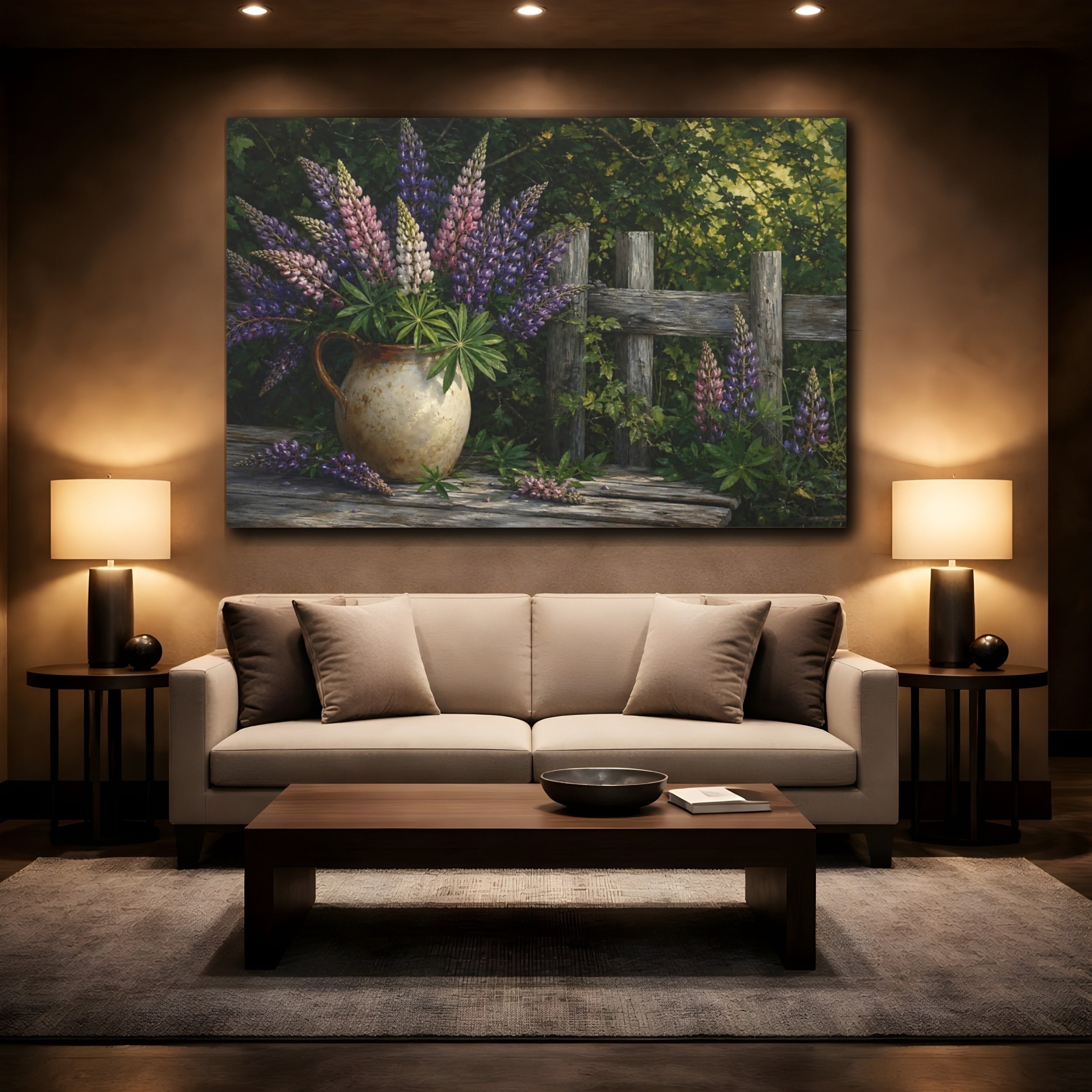 Mockup 2. Nature Lupine Flowers Rustic Lupine Flowers shown as stretched canvas wall art