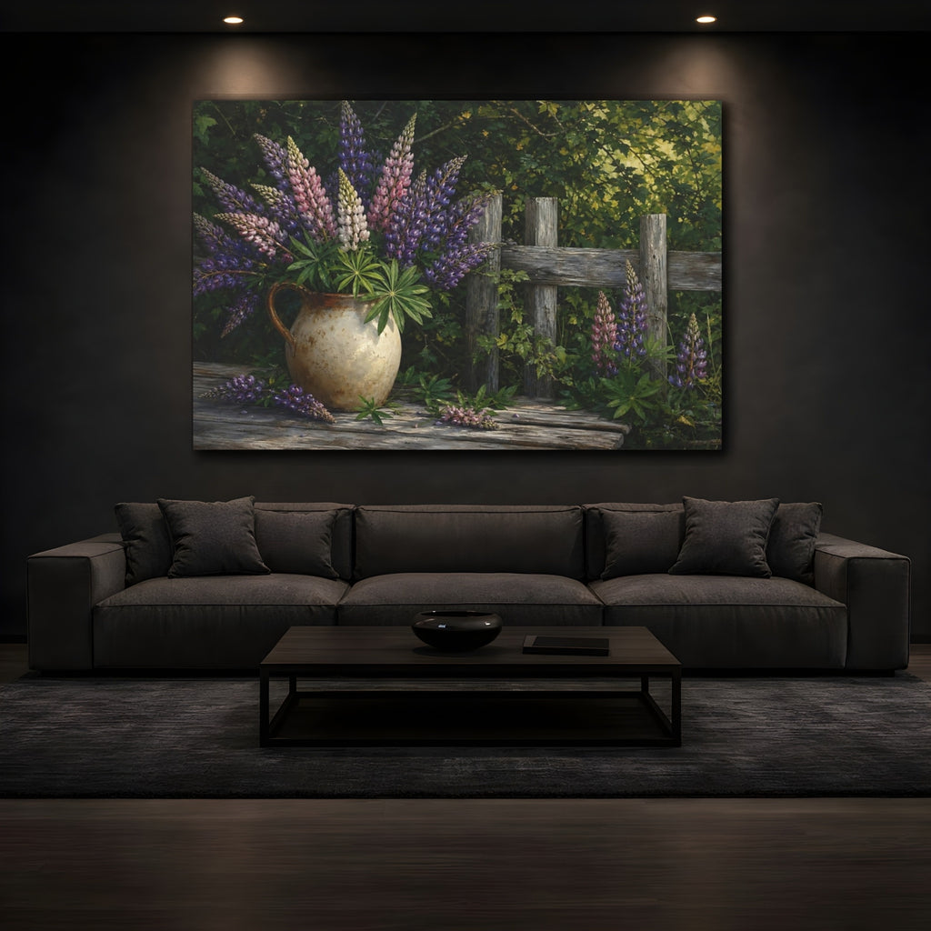 Mockup 3. Nature Lupine Flowers Rustic Lupine Flowers shown as stretched canvas wall art