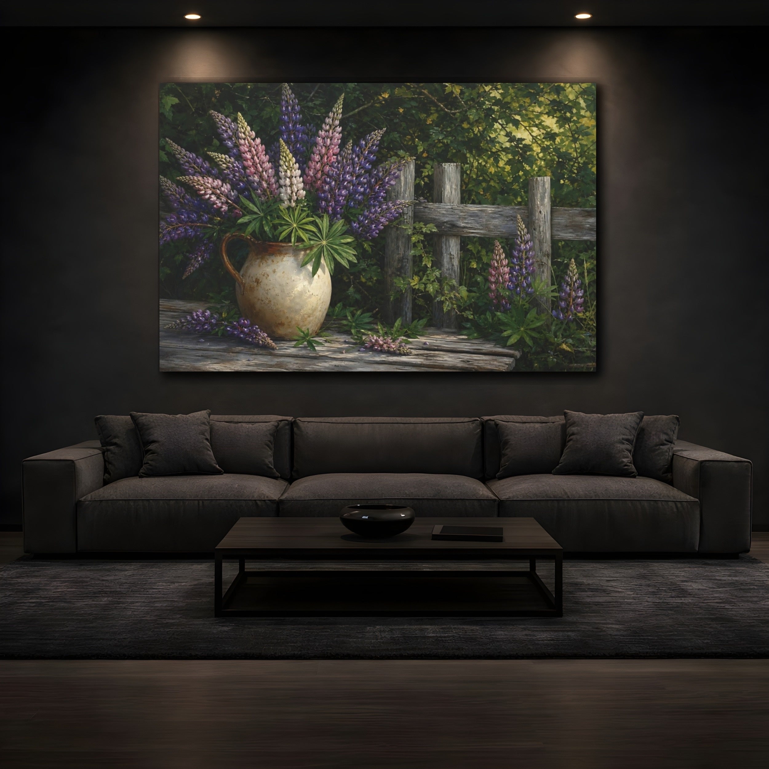 Mockup 3. Nature Lupine Flowers Rustic Lupine Flowers shown as stretched canvas wall art