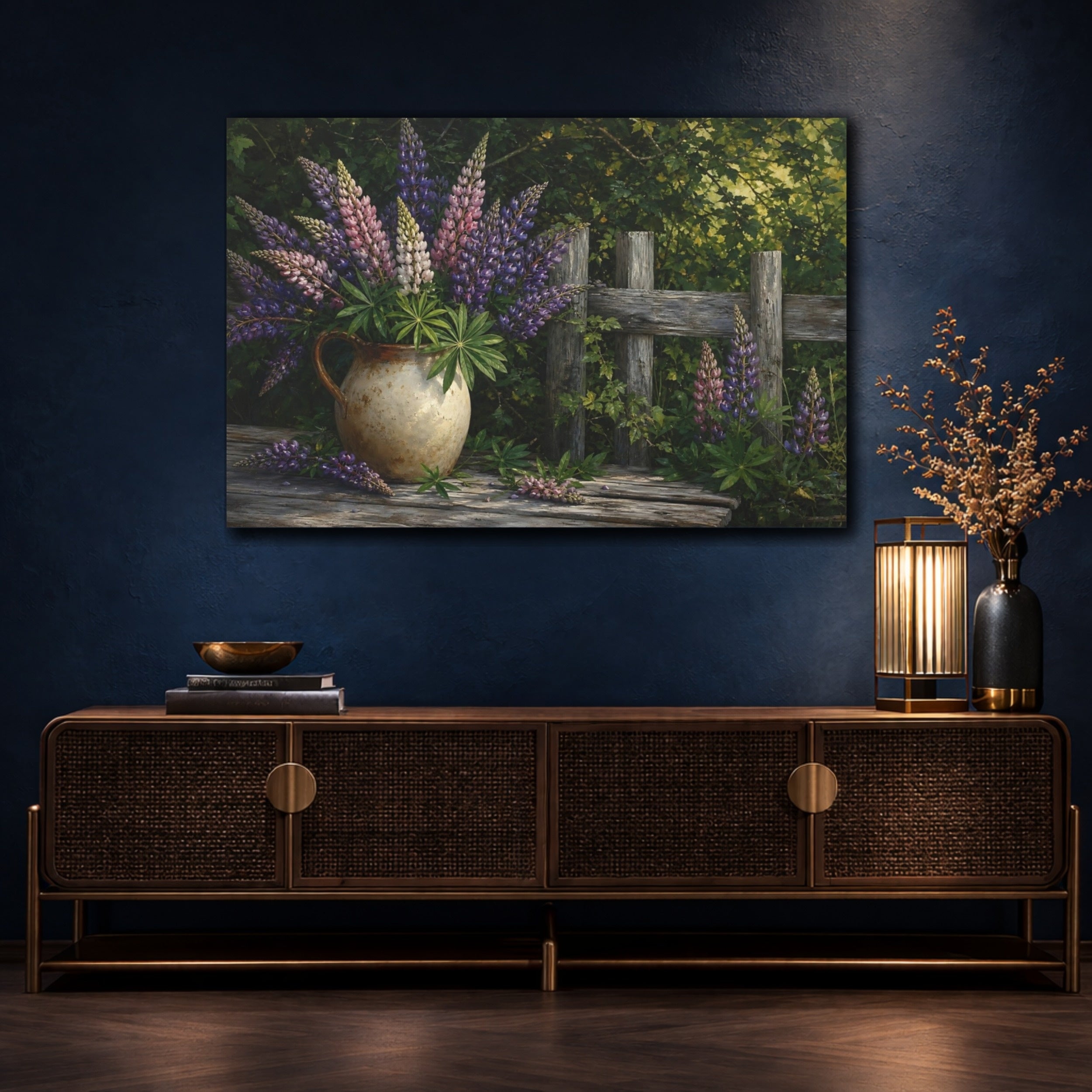 Mockup 4. Nature Lupine Flowers Rustic Lupine Flowers shown as stretched canvas wall art