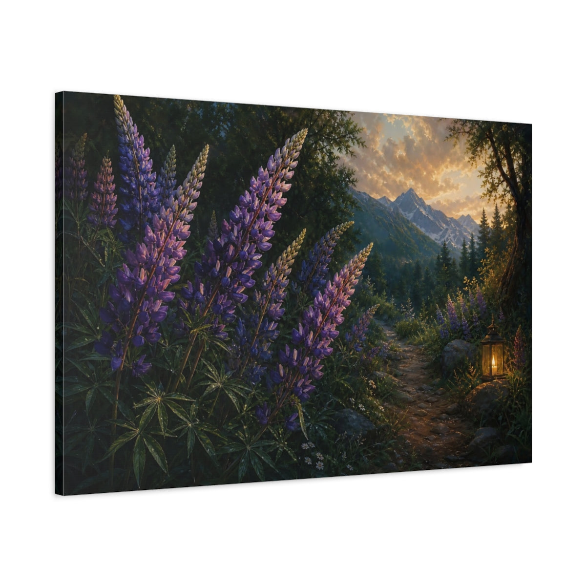 Main Mockup. Nature Lupines Purple And Green shown as stretched canvas wall art