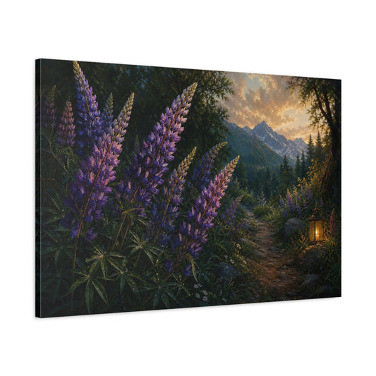Main Mockup. Nature Lupines Purple And Green shown as stretched canvas wall art